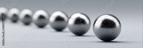 A line of metallic spheres receding into the distance on a textured gray surface, with the closest sphere in sharp focus and the rest progressively blurred