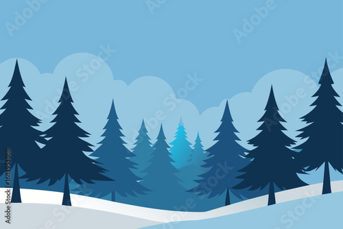 Beautiful white winter landscape with snow-covered trees and frosty blue sky