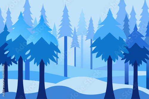 A festive winter landscape with snow-covered pine trees under a cold blue sky