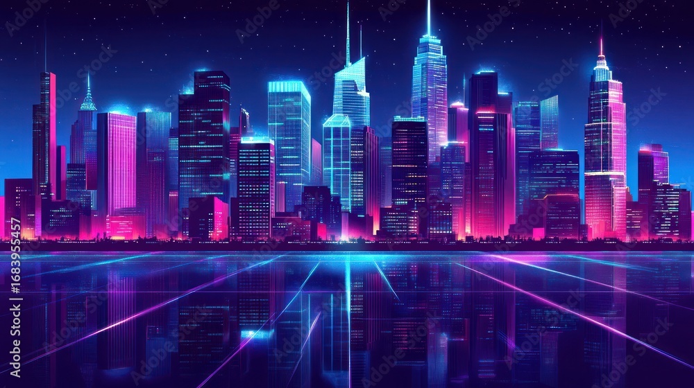 Obraz premium A vivid cityscape glowing with neon lights reflecting across the bottom