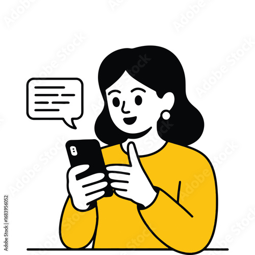 Smiling woman chatting on smartphone with speech bubble illustration