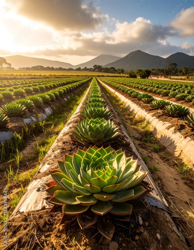 Fototapeta premium A vast expanse of meticulously cultivated succulent plants stretches out towards a backdrop of rolling hills under a golden sunset.