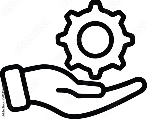 Black and White Line Art Icon of Hand Holding Gear Vector Illustration for Technical Support, Engineering, Service, and Business Design