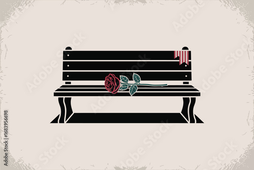 Rose rests on a park bench with a ribbon creating a somber and reflective scene