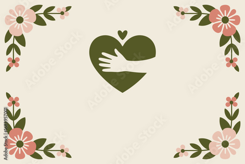 Heart with hand hug illustration surrounded by floral elements on a cream background