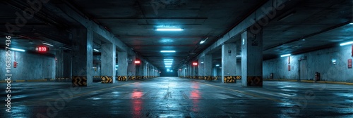 Underground parking garage with neon lights and reflective floor at night showcasing modern urban architecture