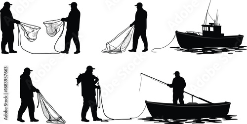 Black silhouette vector illustration of fishermen with fishing nets and rods, working boats, catching fish, traditional fishing industry and outdoor lifestyle design