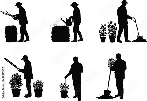Black silhouette vector illustration of gardeners planting flowers, watering plants, trimming bushes, digging soil, gardening tools, outdoor farming and landscaping maintenance design