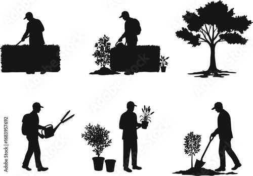 Black silhouette vector illustration of gardeners working, trimming trees, watering plants, planting, carrying potted plants, gardening, landscaping, agriculture, outdoor nature care