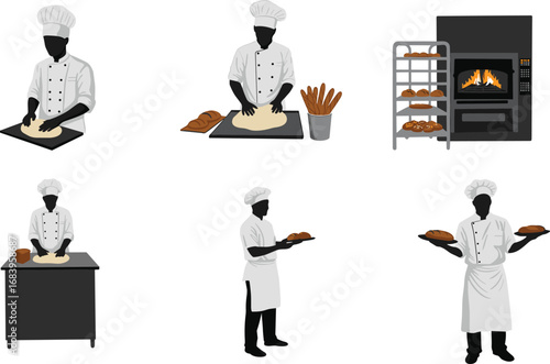 Vector illustration of baker chef silhouettes making bread dough, baking in oven, holding fresh bread loaves, bakery profession food industry concept