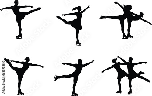 Vector illustration of figure skater silhouettes performing solo and pair skating, ice dance, balance poses, winter sport competition, professional performance art