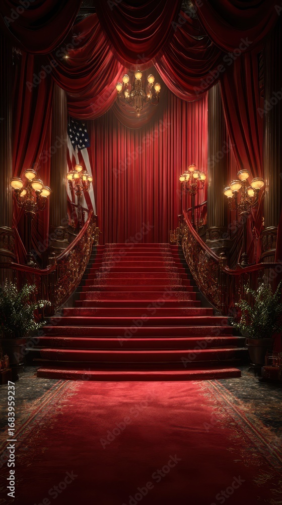 Fototapeta premium Elegant red carpet staircase leads to a grand stage with rich decorations and American flag in a historic venue