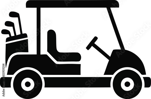 Black silhouette of a golf cart with golf clubs in a bag, featuring a seat, steering wheel, and canopy.