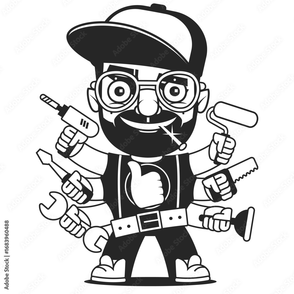 Fototapeta premium Craftsman Portrait A smiling artisan with a cheerful persona, attired in an orange protective helmet and overalls. The artisan symbolizes construction industry, and represents the everyday hero.