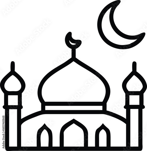 Black and White Line Art Icon of Mosque with Crescent Moon Vector Illustration for Religion, Ramadan, Eid, Islamic, and Cultural Design