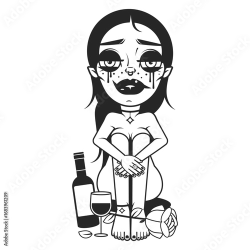 Sad unhappy girl crying at home. Depressed young woman sitting on window sill, embracing knees. Vector illustration for mental disorder, depression, illness concept