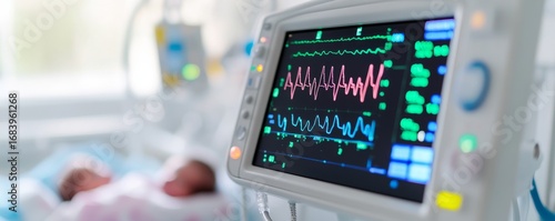 Neonatal Monitor Displaying Vital Signs Near Newborn, ICU, Healthcare