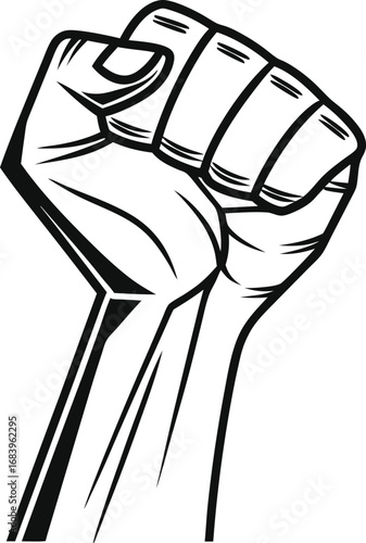 Black and White Line Art Icon of Raised Fist Symbolizing Power, Unity, Strength, Protest, Solidarity, and Activism Vector Design