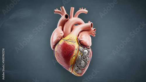 A half-mechanical, half-biological human heart with gears and metal parts, symbolizing the blend of technology, humanity, artificial intelligence, and emotion
