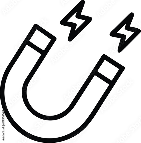 Black and White Outline Icon of Magnet with Zigzag Force Lines Vector Illustration for Science, Physics, Technology, and Education Design