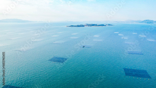 ドローン空撮による冬の瀬戸内海の牡蠣漁風景多島美（岡山県）/Oyster rafts in Seto Inland Sea, Okayama, Japan