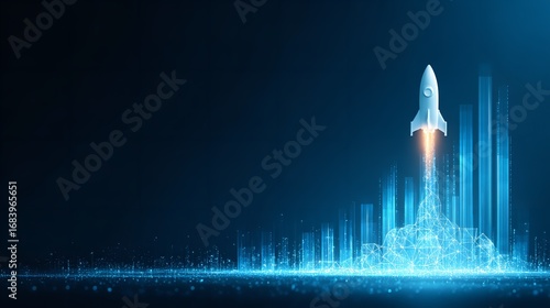 Digital Rocket Launching to Success with Blue Holographic Cityscape in Background.