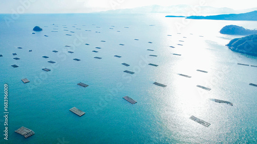 ドローン空撮による冬の瀬戸内海の牡蠣漁風景多島美（岡山県）/Oyster rafts in Seto Inland Sea, Okayama, Japan
