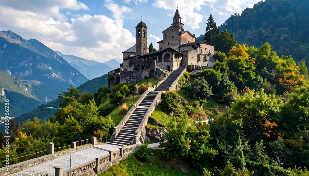 Fototapeta premium A majestic stone church, nestled amongst lush greenery and towering mountains, ascends a hillside.
