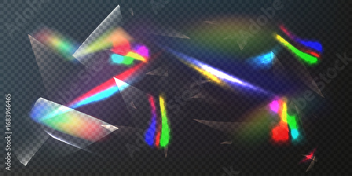 Diamond prism overlay with rainbow light refractions and transparent glass shapes on dark checkered background.