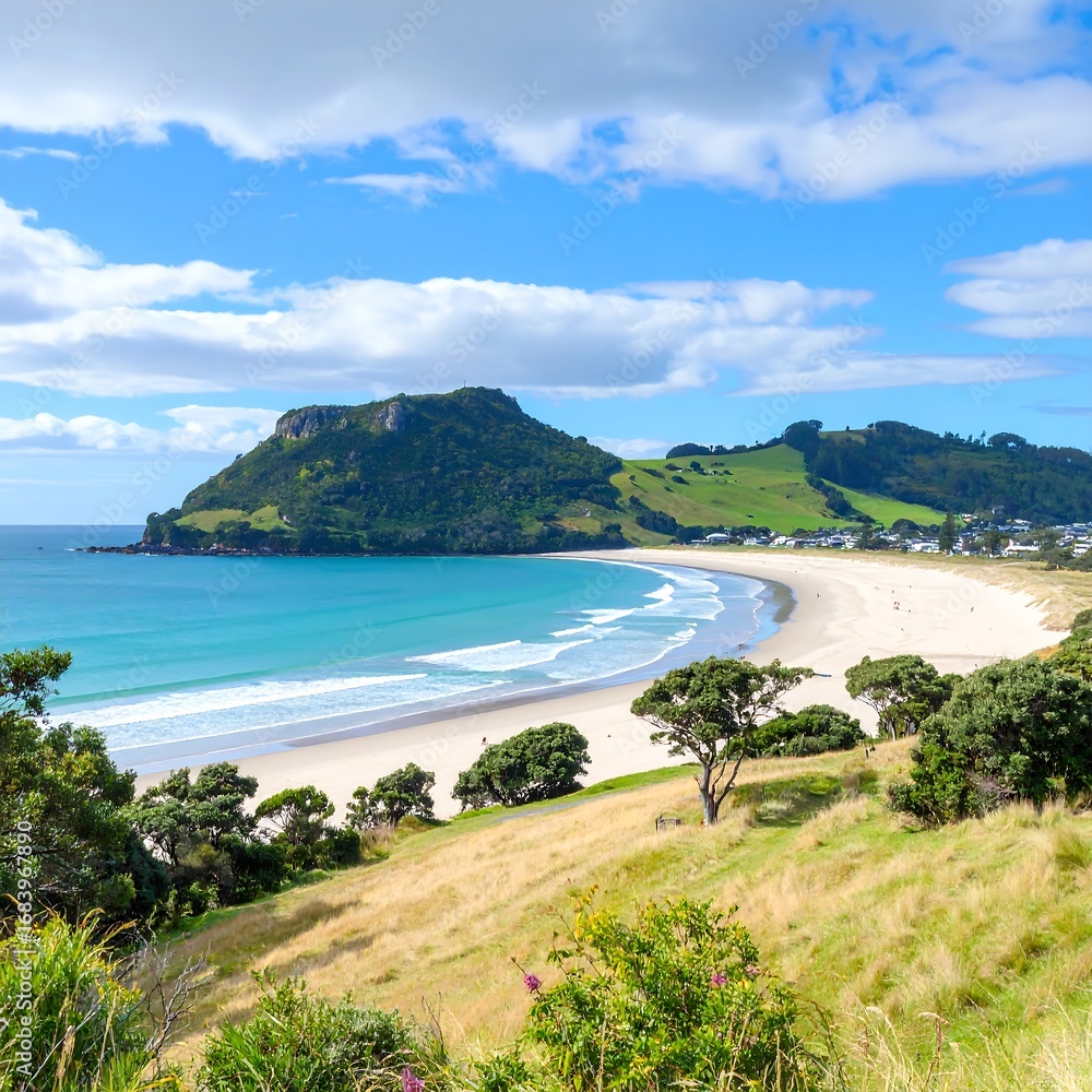 Fototapeta premium A picturesque bay with a pristine white sandy beach stretches beneath a vibrant blue sky, showcasing a tranquil and idyllic coastal scene.