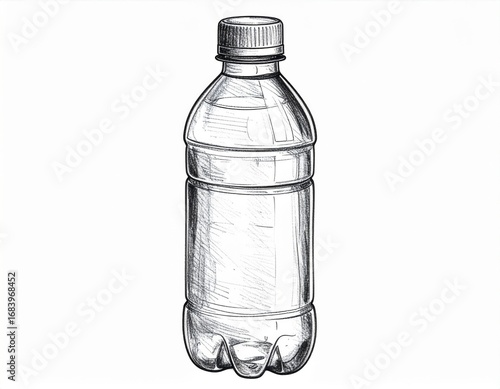 Detailed Sketch of Clear Plastic Water Bottle Against White Background in Monochrome