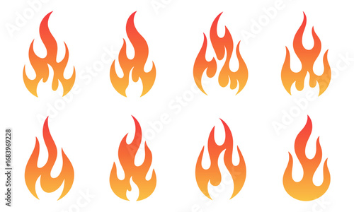 Set of fire flame 8 vector icons in orange and red gradient. Perfect for fire, heat, burning, energy, and warning designs. Includes simple and clean flame clip art illustrations
