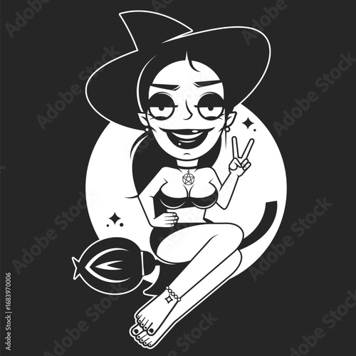 Vector witch flying on a broomstick on white background.