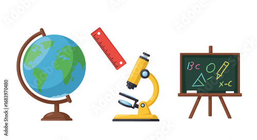 Flat 2D academic icons pack, bright colors, isolated on white background