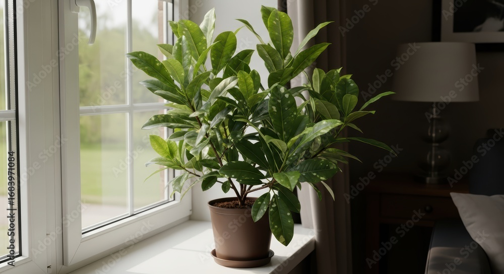 Fototapeta premium Indoor potted plant on window ledge with natural light and green foliage