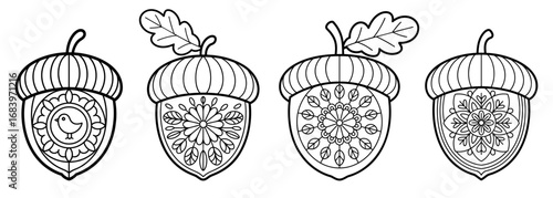Acorns coloring page vector illustration, decorative autumn clip art with floral and bird mandala patterns