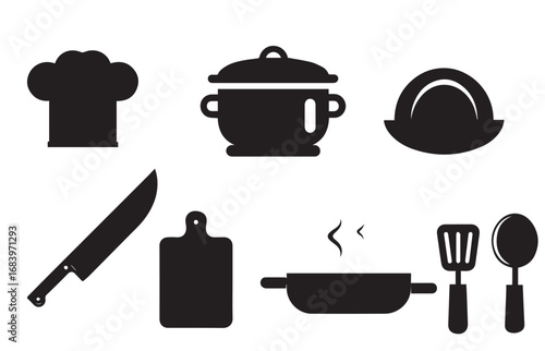 Set of black and white kitchen utensils and cookware.