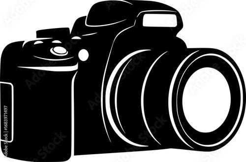 DSLR camera black silhouette vector, Simple silhouette Design vector icon with white background. A sleek, black silhouette of a DSLR SLR camera