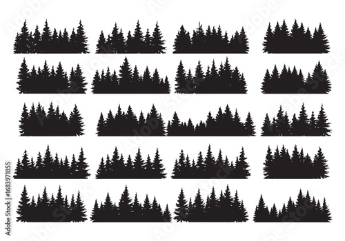Diverse silhouette forest landscapes of pine trees in grungy artistic style for design projects silhouette