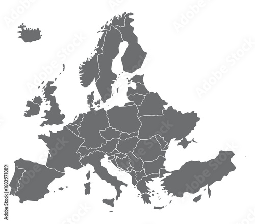 Detailed political map of europe showing country borders and geographic divisions for travel and education silhouette