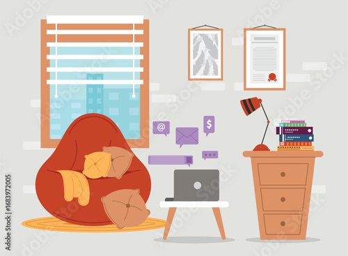Modern workspace with bean bag and plants Vector