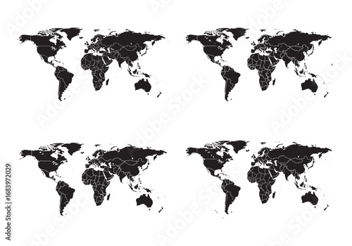 Four textured grunge world maps showing continents and oceans with detailed landmasses silhouette