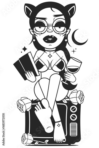 beautiful cute girl rejoices on a swing and the moon and stars