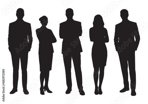 Silhouette team of diverse business professionals standing together in a row with arms crossed silhouette