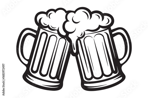 Two frothy beer mugs clinking together for a celebration toasting cheers silhouette