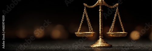 Golden scales of justice symbolizing law and fairness on dark background