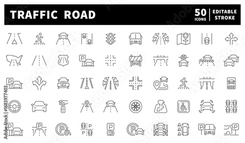 Traffic road vector icons. Icon pack of 50 linear illustrations of traffic road infrastructure and traffic elements. Includes street signs, vehicles, highways, and road safety symbols.