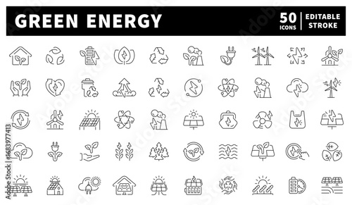 Green energy vector icons set. Set of 50 linear icons related to green energy. Eco-friendly and renewable energy symbols.