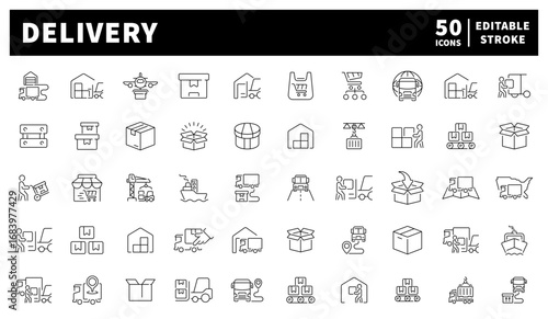 Delivery. Delivery line icons set. Set of 50 linear delivery icons. Post delivery, mailboxes, envelopes, parcels, and courier transport