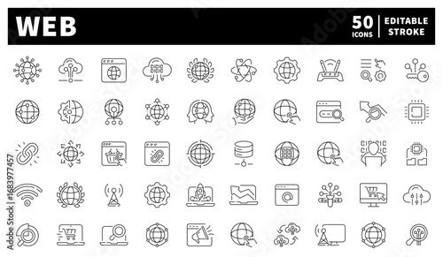Web icons set. Set of 50 web linear icons. Web interface, hosting, domains, browsing, and web tools